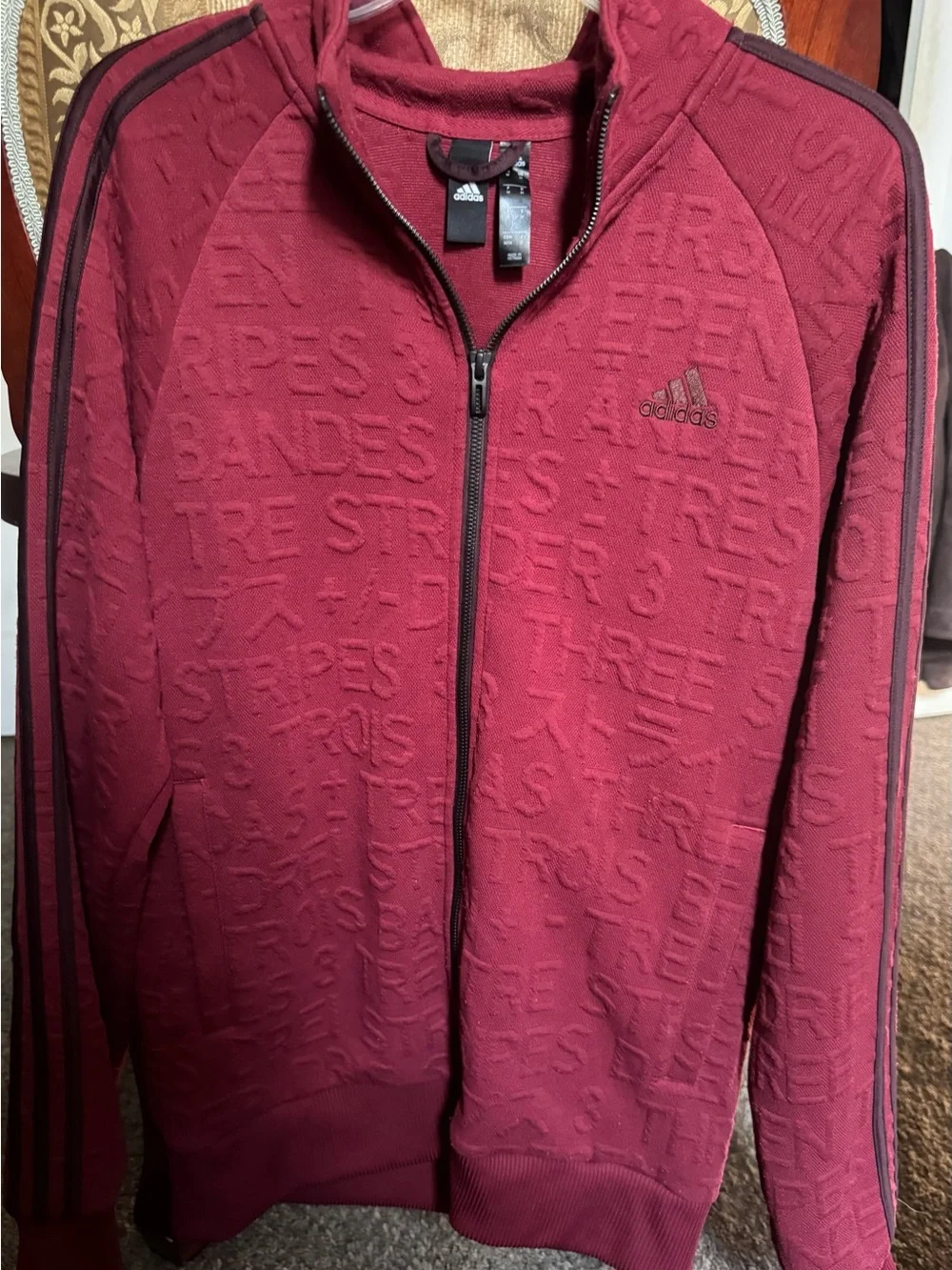 adidas Maroon Textured Three-Stripe Zip Jacket